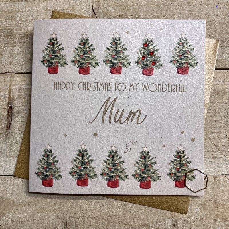 Christmas Card: Mum Lots of Trees White Hand Decorated - White Cotton Cards