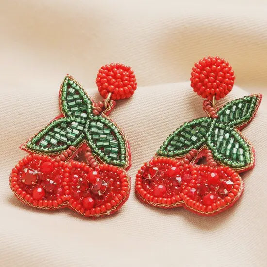 Earrings: Gold Plated Beaded Cherry - Red - Lisa Angel