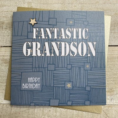 Grandson Card: Doodles Hand Finished Wood Star - Blue - White Cotton Cards