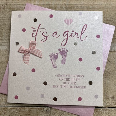 New Baby Card: Girl DOTTY - LITTLE FEET Hand Finished Crystals & Glitter - Pink - White Cotton Cards