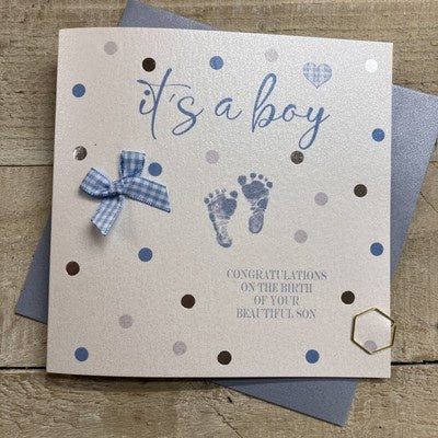 New Baby Card: Boy DOTTY - LITTLE FEET Hand Finished Crystals & Glitter - Blue - White Cotton Cards