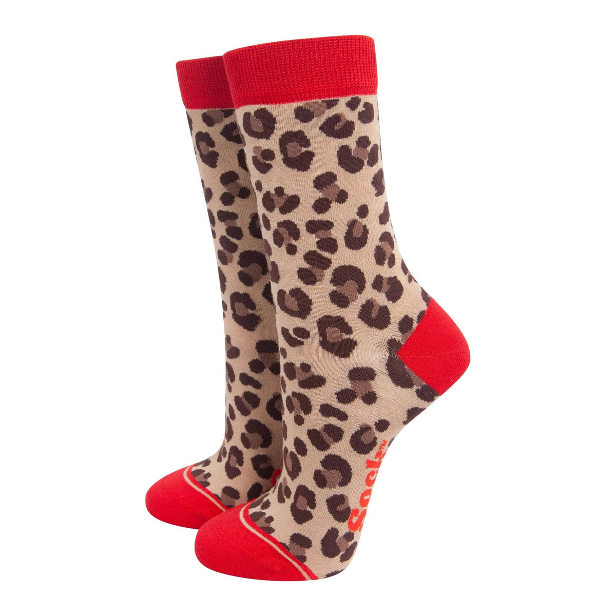 Ladies Socks: Bamboo  Leopard  - Beige/Red - Sock Talk