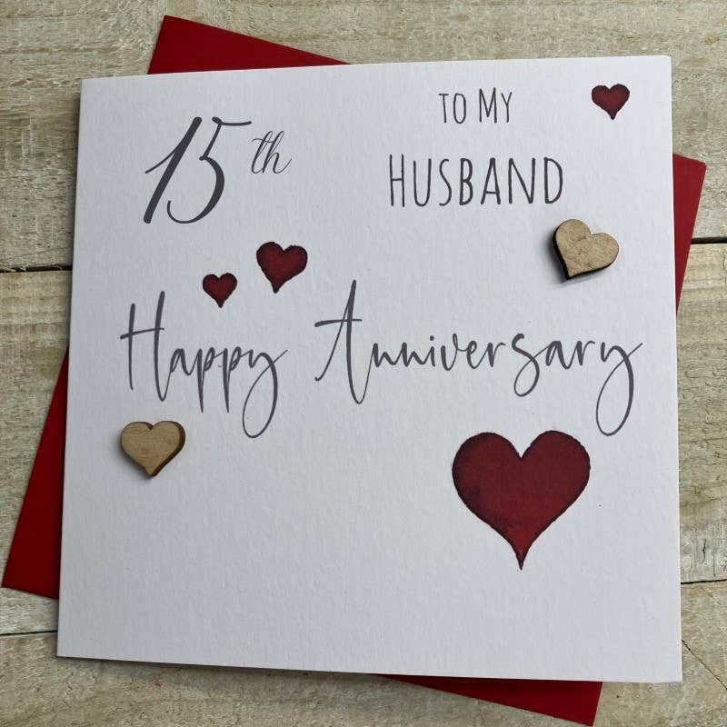 Anniversary Card: 15th Anniversary To My Husband Wooden Hearts Hand Finished - White Cotton Cards
