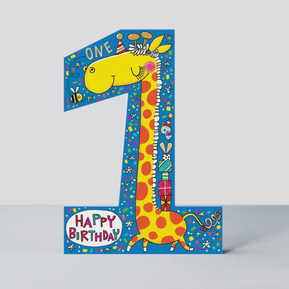 Childrens Age 1st Card: BOY Colourful Giraffe Happy Birthday - Rachel Ellen