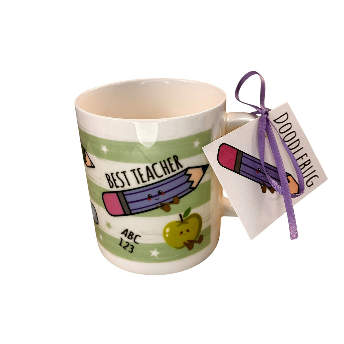 Teacher Mug: Ceramic Best Teacher - Green striped - White Cotton