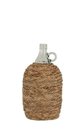 Vase Bottle: Glass Woven Bamboo Cover - Green & Natural