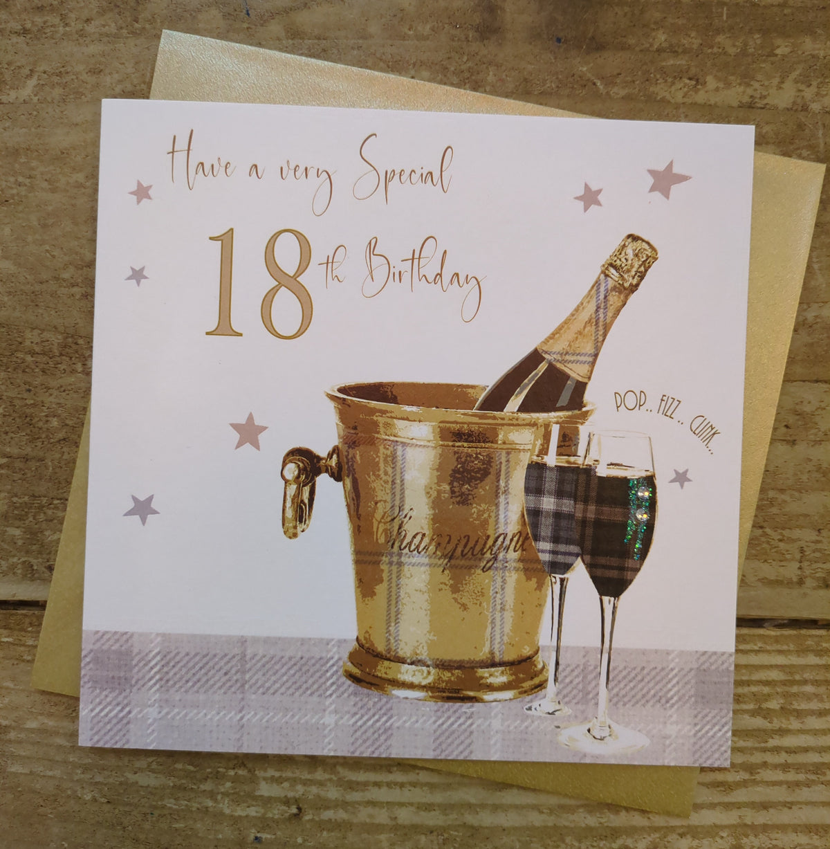 Age 18th Card: Champagne Bucket Hand Finished Crystals & Glitter - Gold - White Cotton Cards