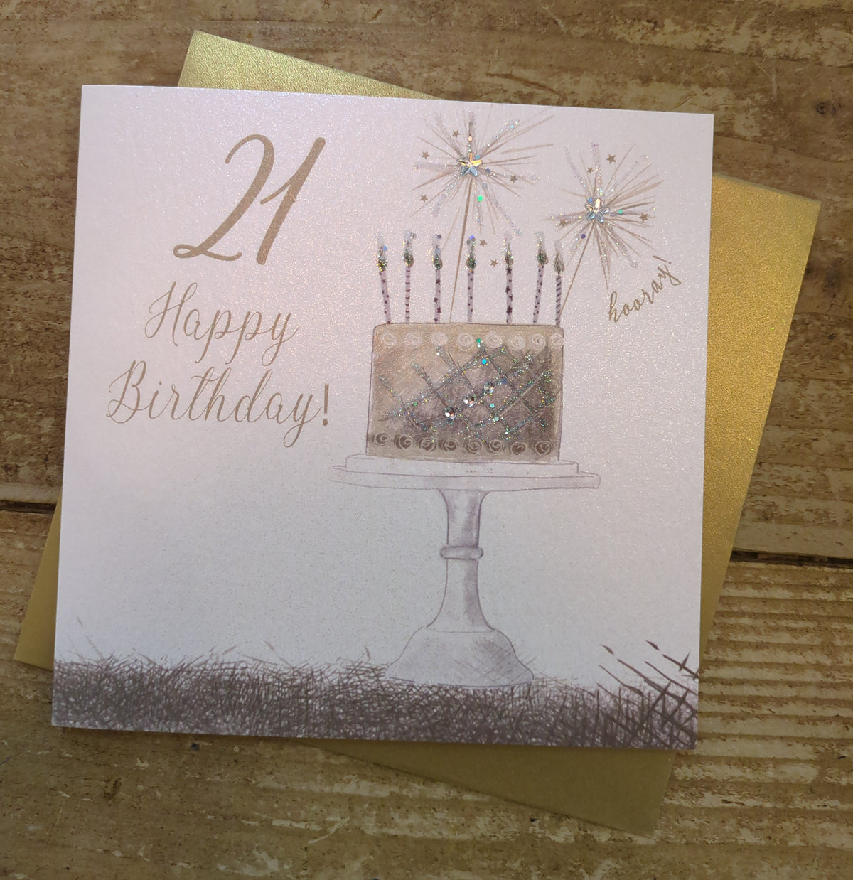 Age 21st Card: Cake on Stand Sparklers Hand Finished Crystals & Glitter - Gold - White Cotton Cards