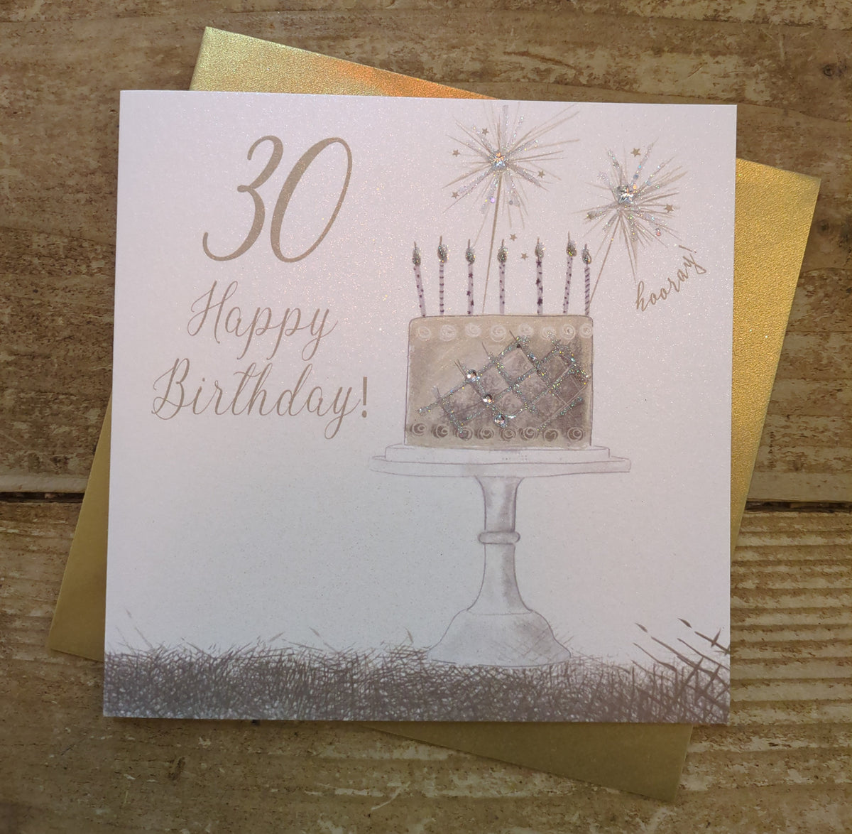 Age 30th Card: Cake on Stand Sparklers Hand Finished Crystals & Glitter - Gold - White Cotton Cards