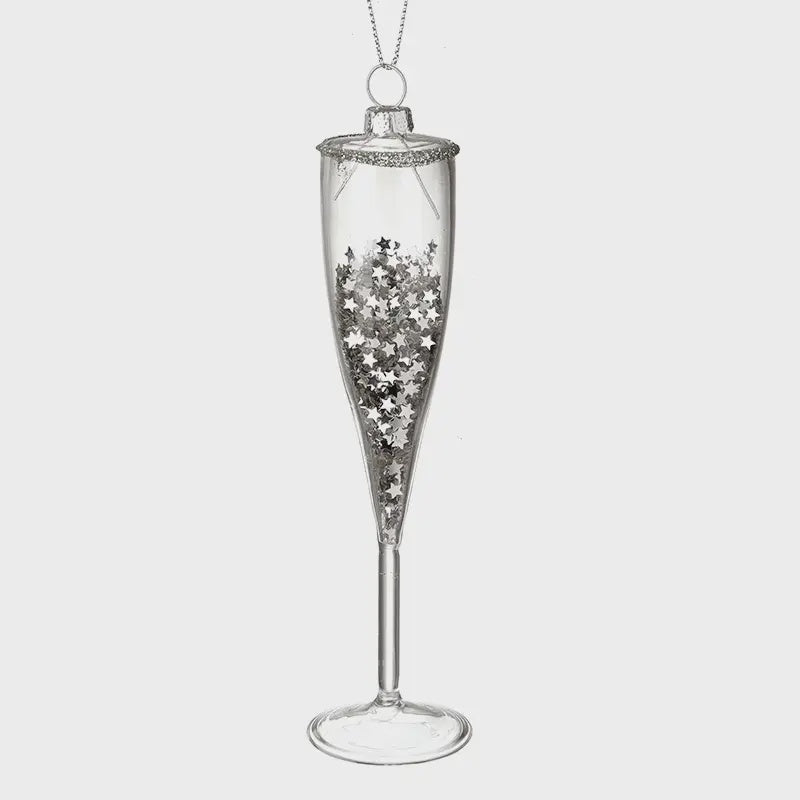 Christmas Tree Decoration: Glass Glitter Filled Champagne Flute  - Silver- Heaven Sends