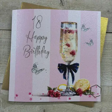 Age Birthday Card: Fizz with Raspberries - Various Ages  - Pink - White Cotton