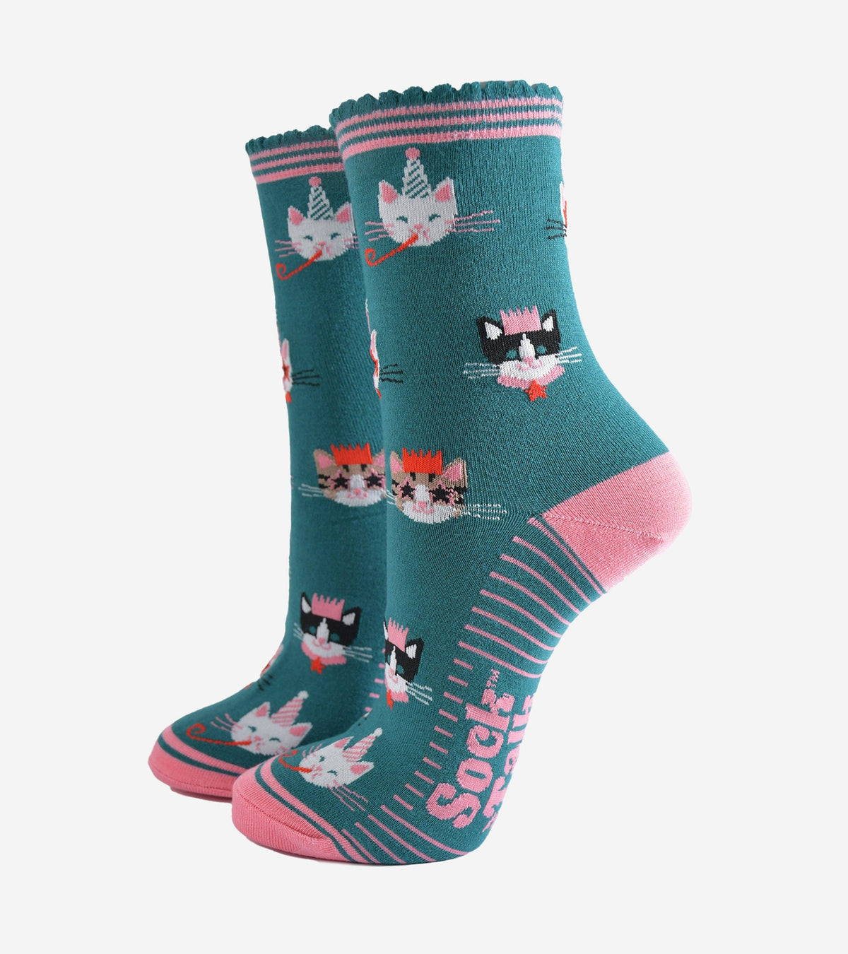 Ladies Socks:  Bamboo Party Cats -  Green - Sock Talk