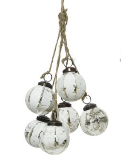 Christmas Wall Dec: Ornament: Glass 6 Bauble Rope Matt Stars - White
