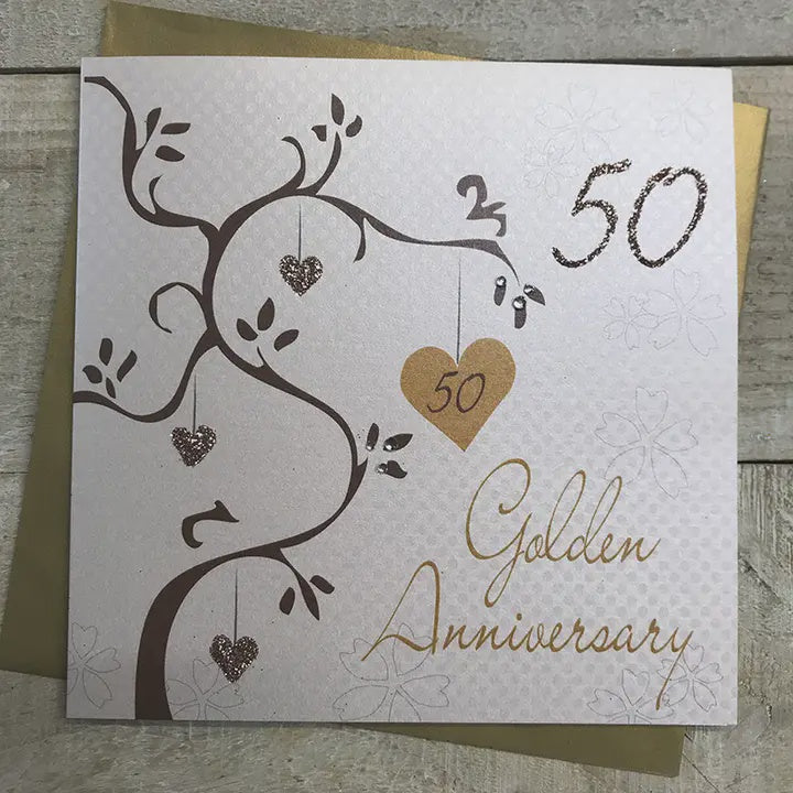 Anniversary Card: Golden 50th Tree With Hanging Hearts - White Cotton Cards