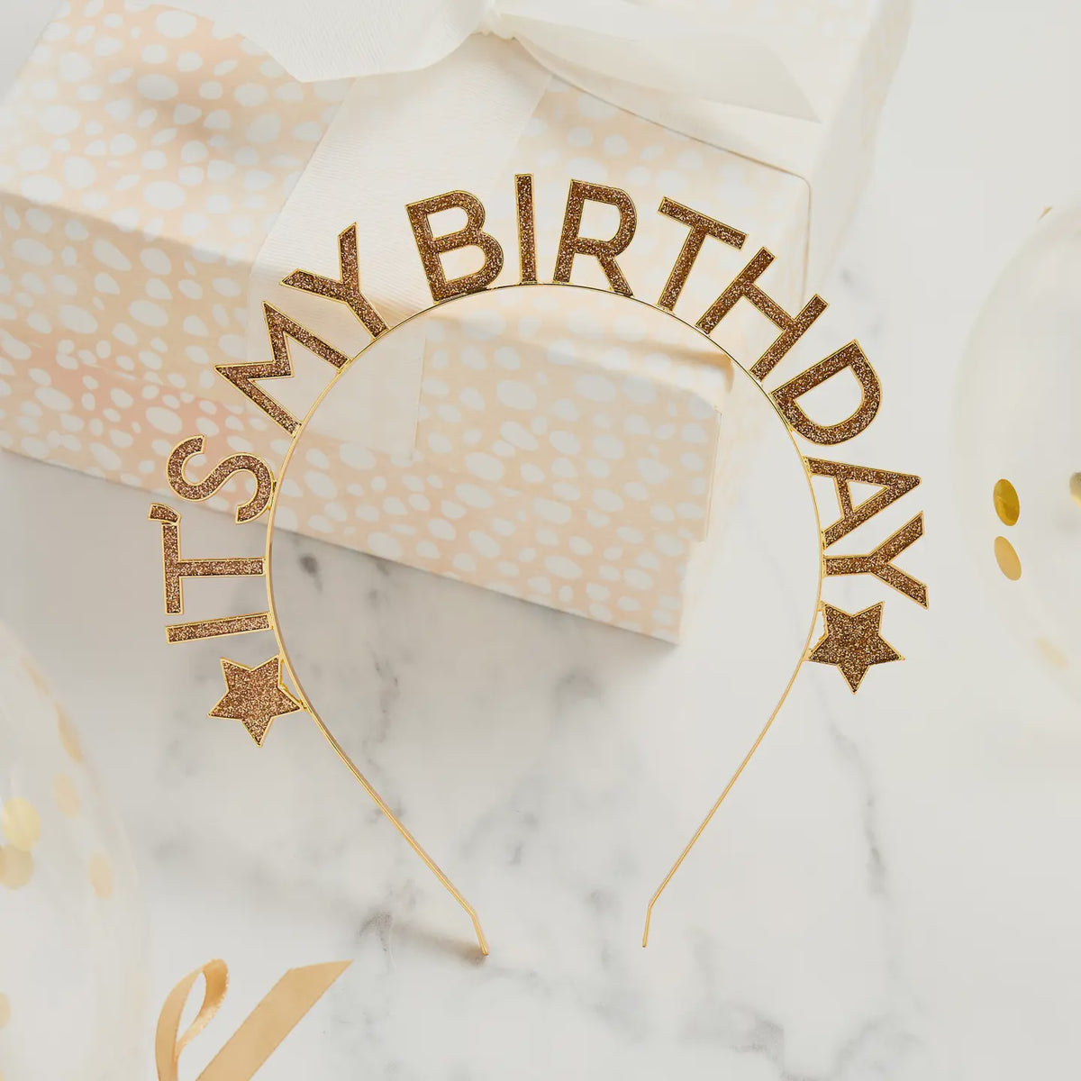 Headband: Glitter Filled Metal Happy Birthday - Gold - Hootyballo