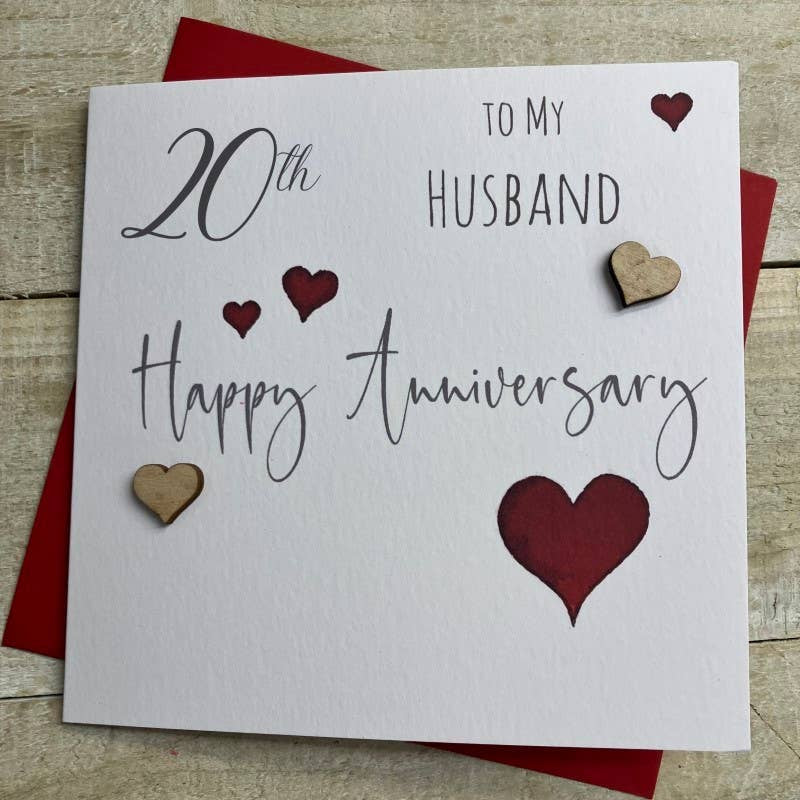 Anniversary Card: 20th Anniversary To My Husband Wooden Hearts Hand Finished - White Cotton Cards