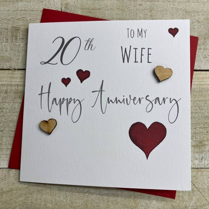 Anniversary Card: 20th Anniversary To My Wife Wooden Hearts Hand Finished - White Cotton Cards