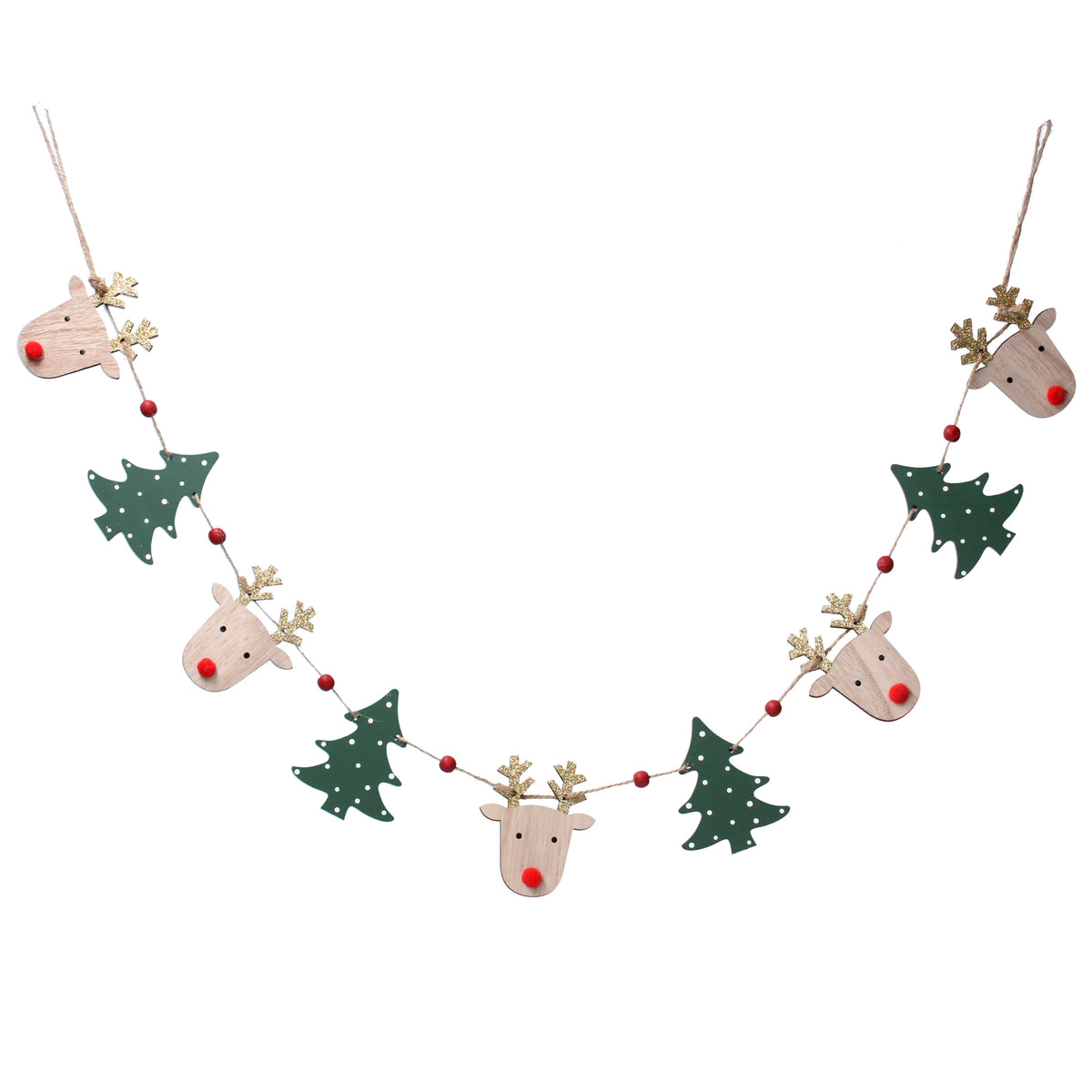 Christmas Bunting: Wood Reindeer & Xmas Tree String Garland  - Natural - Gisela Graham