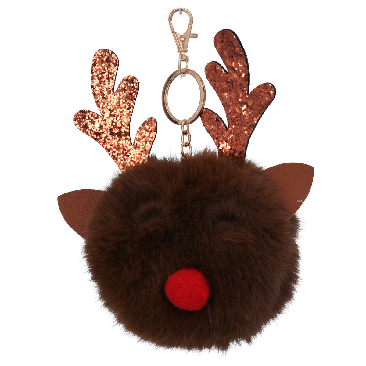 Keyring: Faux Fur Reindeer Head Glitter Antlers - Brown & Copper