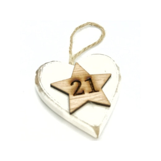 Chunky Age Birthday - 21 Hanging Heart Wood Sentiment Decoration - White w Natural  Star Tag