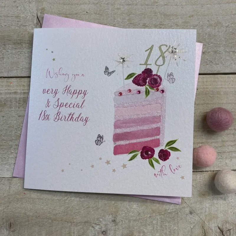 Age 18th Card: Slice Of Cake Hand Finished Crystals & Glitter - Pink - White Cotton Cards