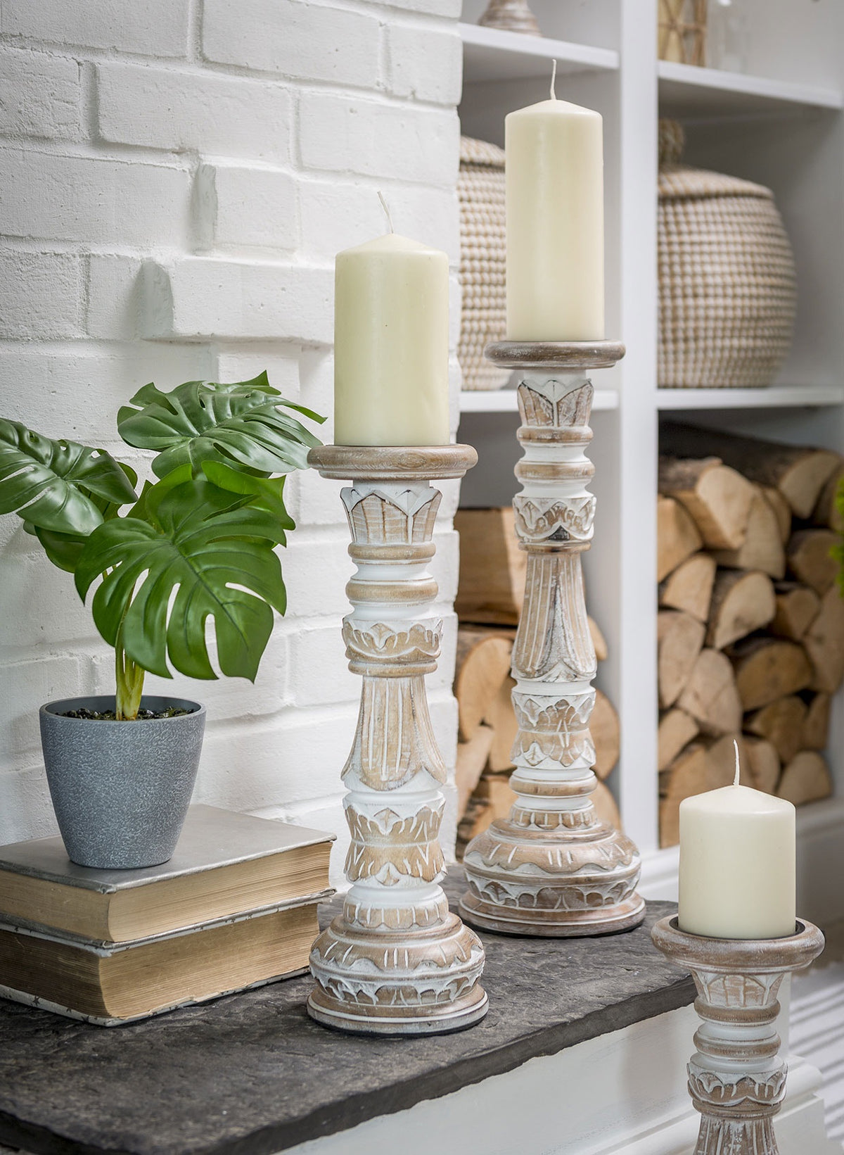 Candle Holder: Medium Carved Limed Wood Candle Holder