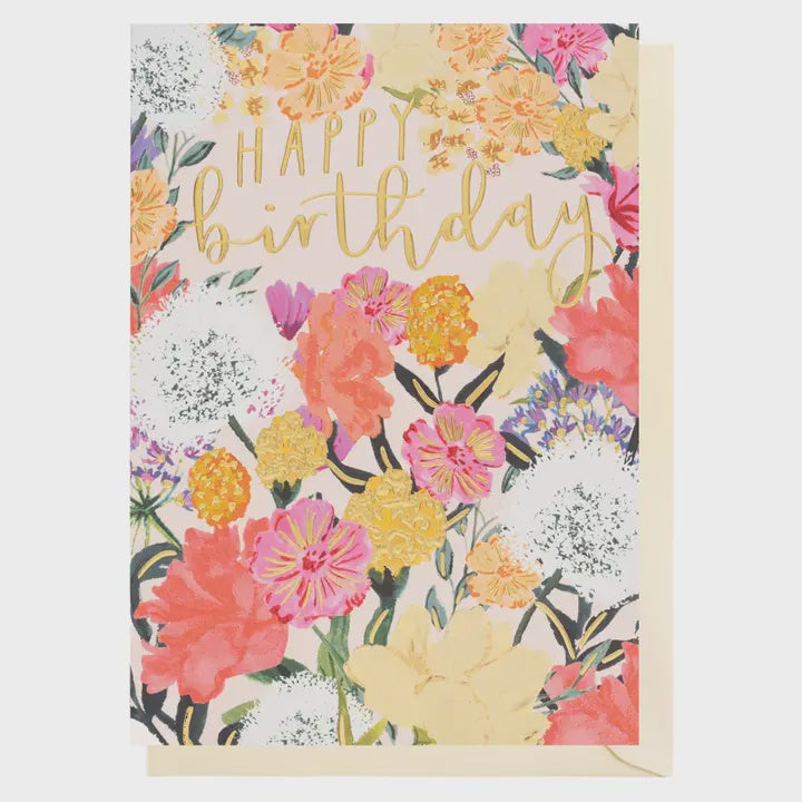 Birthday Card:  Bright Flowers GOLD FOIL - Louise Tiler