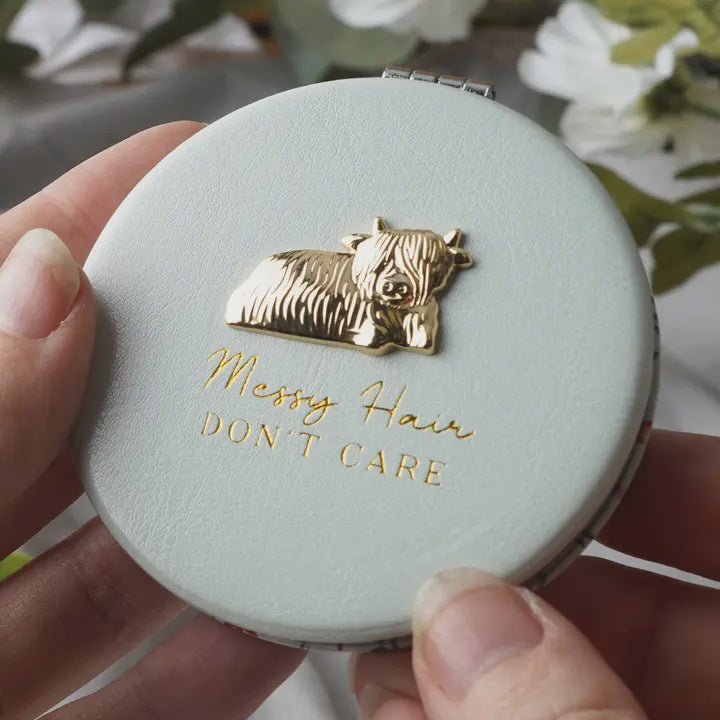 Compact Mirror: Leatherette Cow Gold Foil Messy Hair Don't Care - White