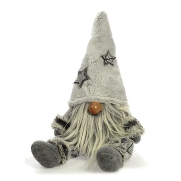 Christms Standing Dec: Plush Gonk Medium Sitting 38cm Stars Hat - Grey