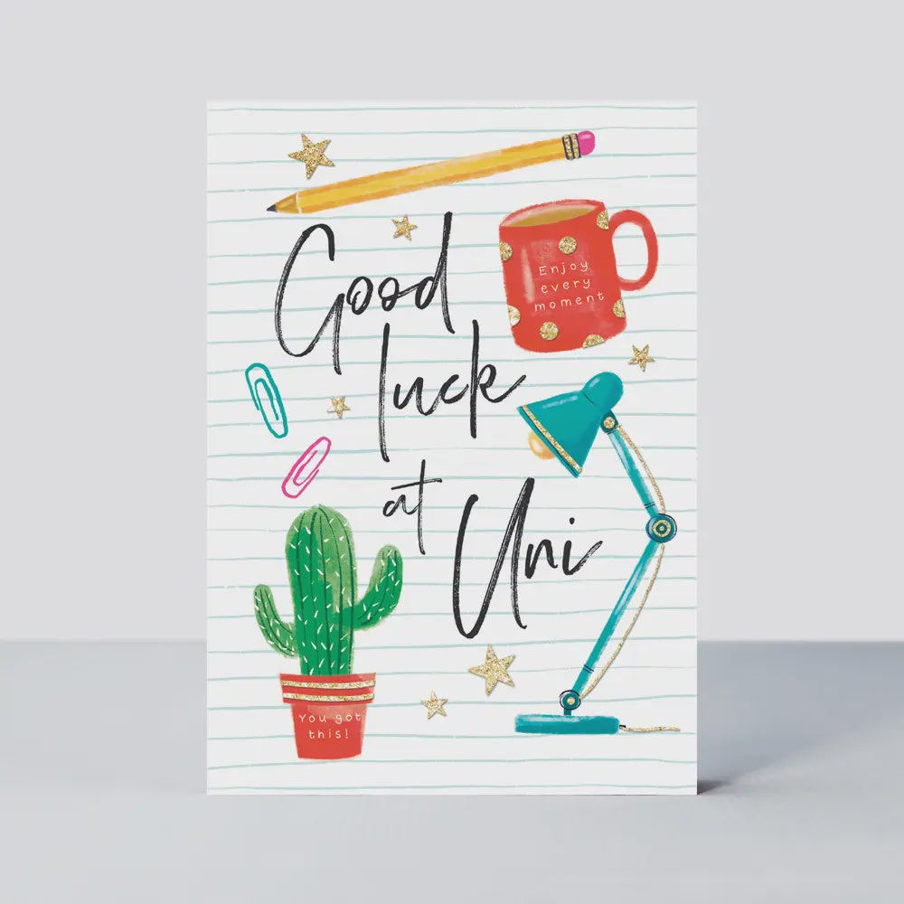 Good Luck At Uni Card: Pencil, Mug  & Catcus- Multicoloured - Rachel Ellen
