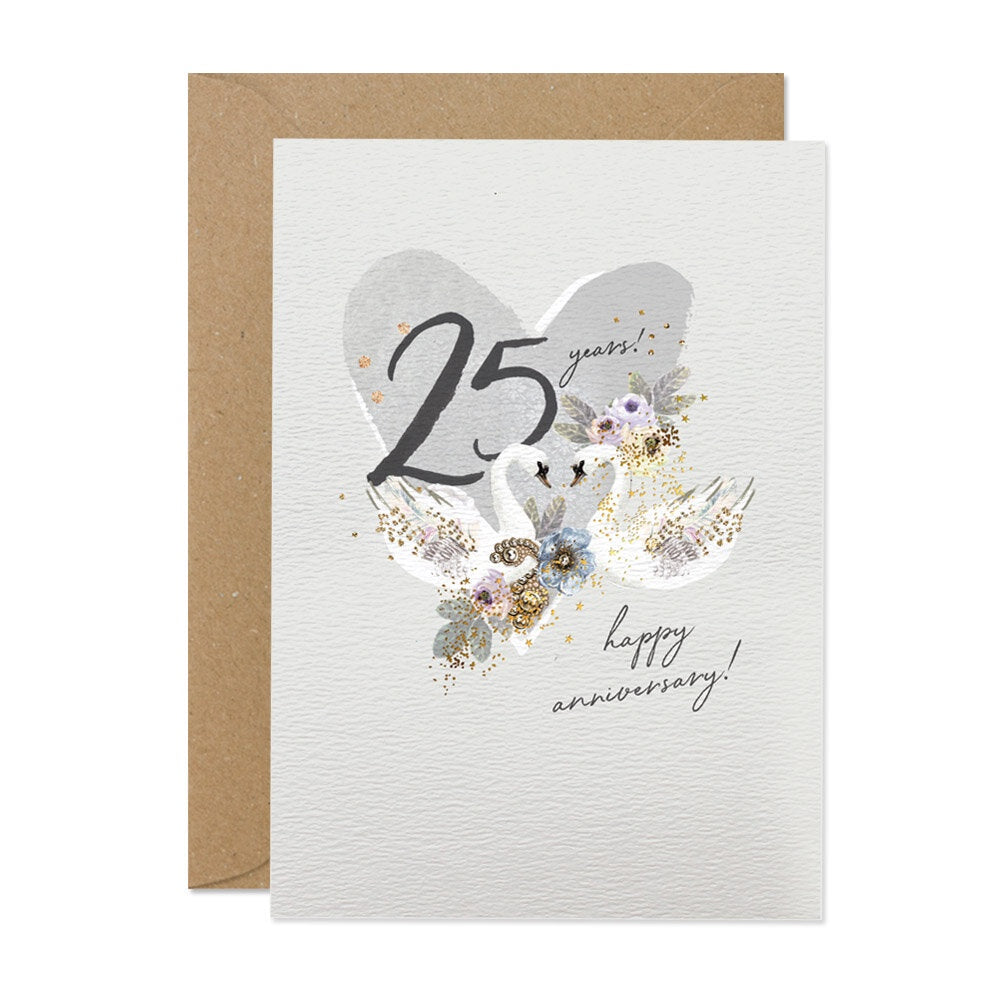 Anniversary Card: Silver 25th Swans Handmade Glitter & Swarovski Crystals - Stephanie Davies
