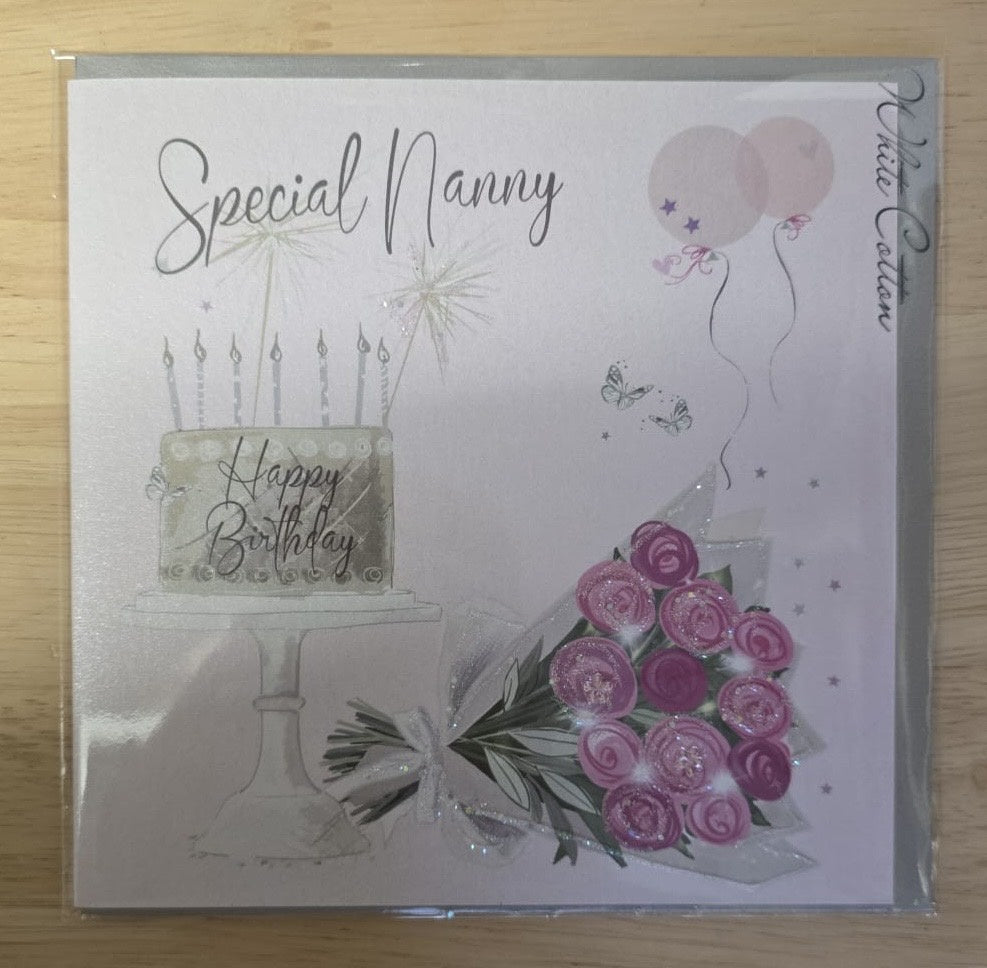 Nanny Card: Cake & FLOWERS Hand Finished  - White Cotton Cards