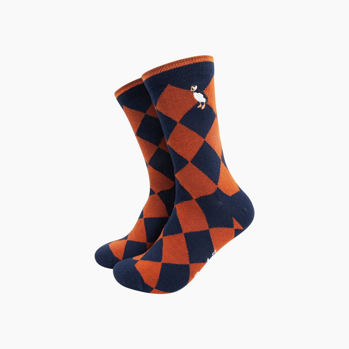 Men's Socks:  Combed Cotton Embroidered Puffin Argyle - Navy/Orange - Sock Talk