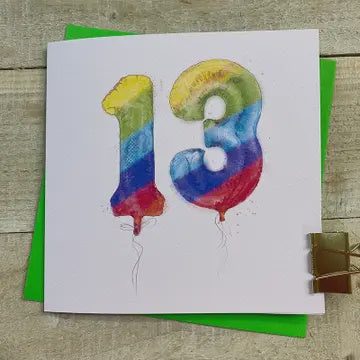 Age 13th Birthday Card: Rainbow Helium Balloons - White Cotton Cards