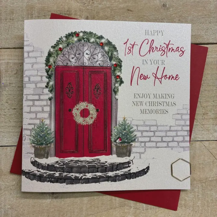 Christmas Card: First In Your New Home - Hand Decorated- White Cotton Cards