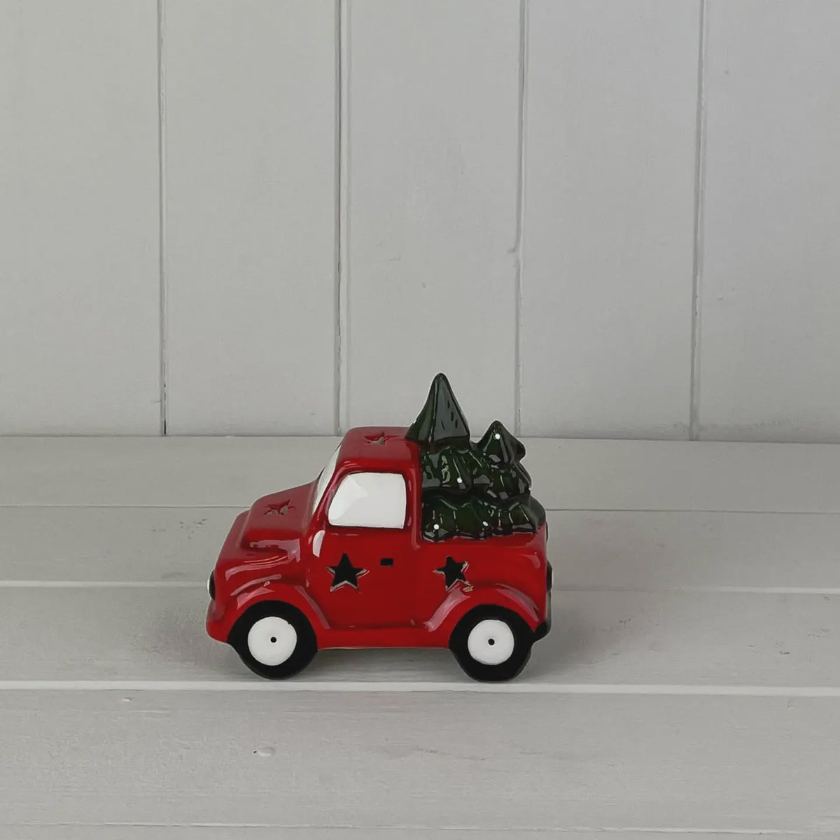 Christmas Ornament: Ceramic Car Carrying Tree Decorations  LED- Red - Satchville