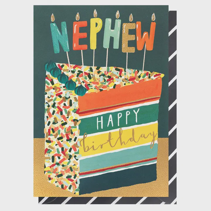 Nephew Card:  Nephew Birthday Cake Slice GOLD FOIL - Louise Tiler