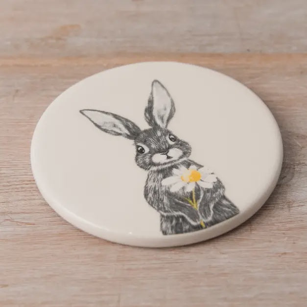 Coaster: Ceramic Round Rabbit Daisy - White - Gainsborough Giftware