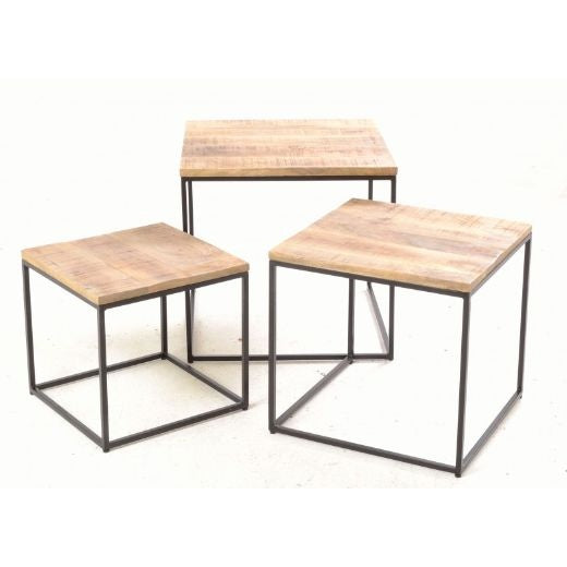Side Table: Mango Wood & Metal Square Legs Industrial - Natural & Black