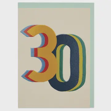 Age 30th Card: Male Number Bright - Multicolour - Raspberry Blossom