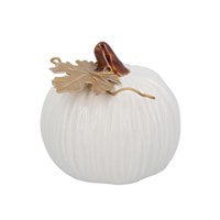 Autumn Ornament: Stoneware Pumpkin w Gold Leaf Mini  - White - Gisela Graham