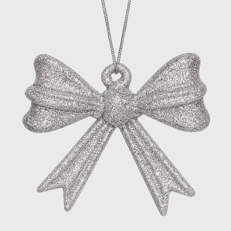 Christmas Tree Decoration: Glass Glitter Bow  - Silver- Heaven Sends