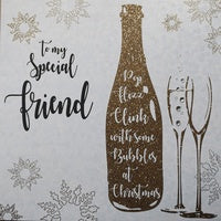 Christmas Card: Special Friend Champagne Bottle Glitter- White Cotton Cards