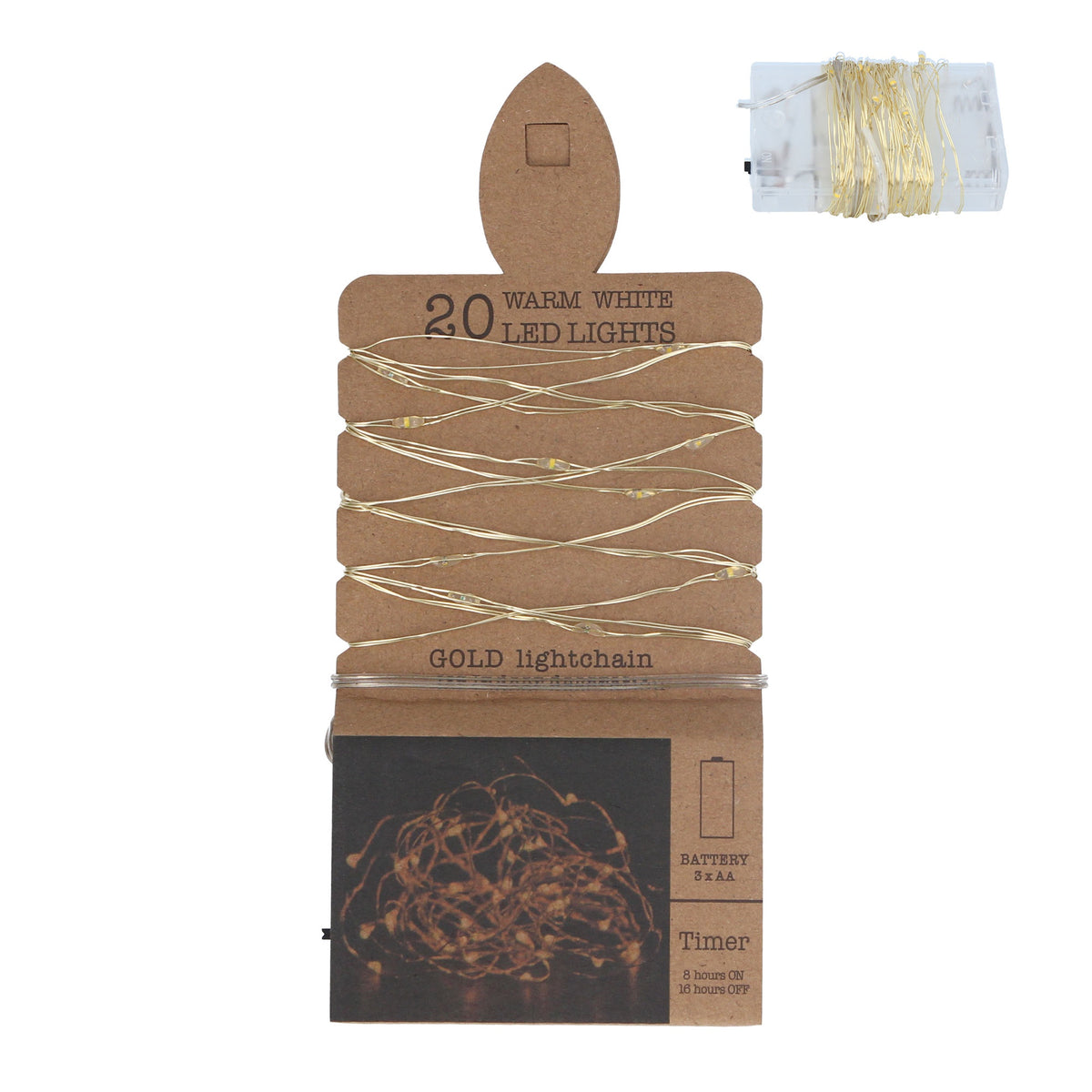Fairy Lights: Battery Operated Wire 20 LED GOLD Lightchain - Warm White - Gisela Graham