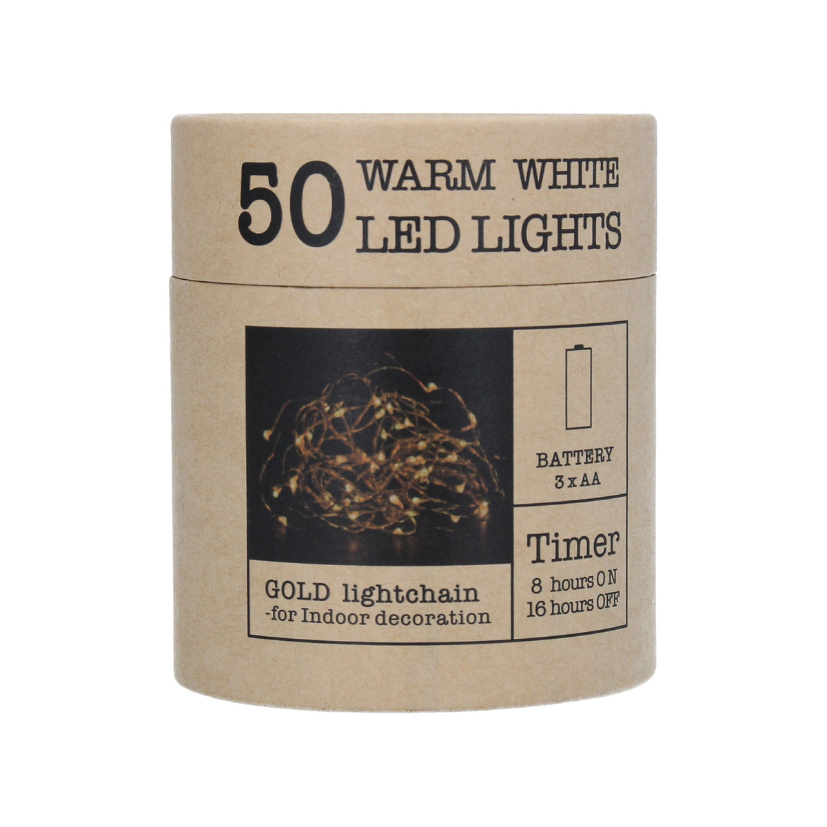 Fairy Lights: Battery Operated Wire 50 LED GOLD Lightchain - Warm White - Gisela Graham