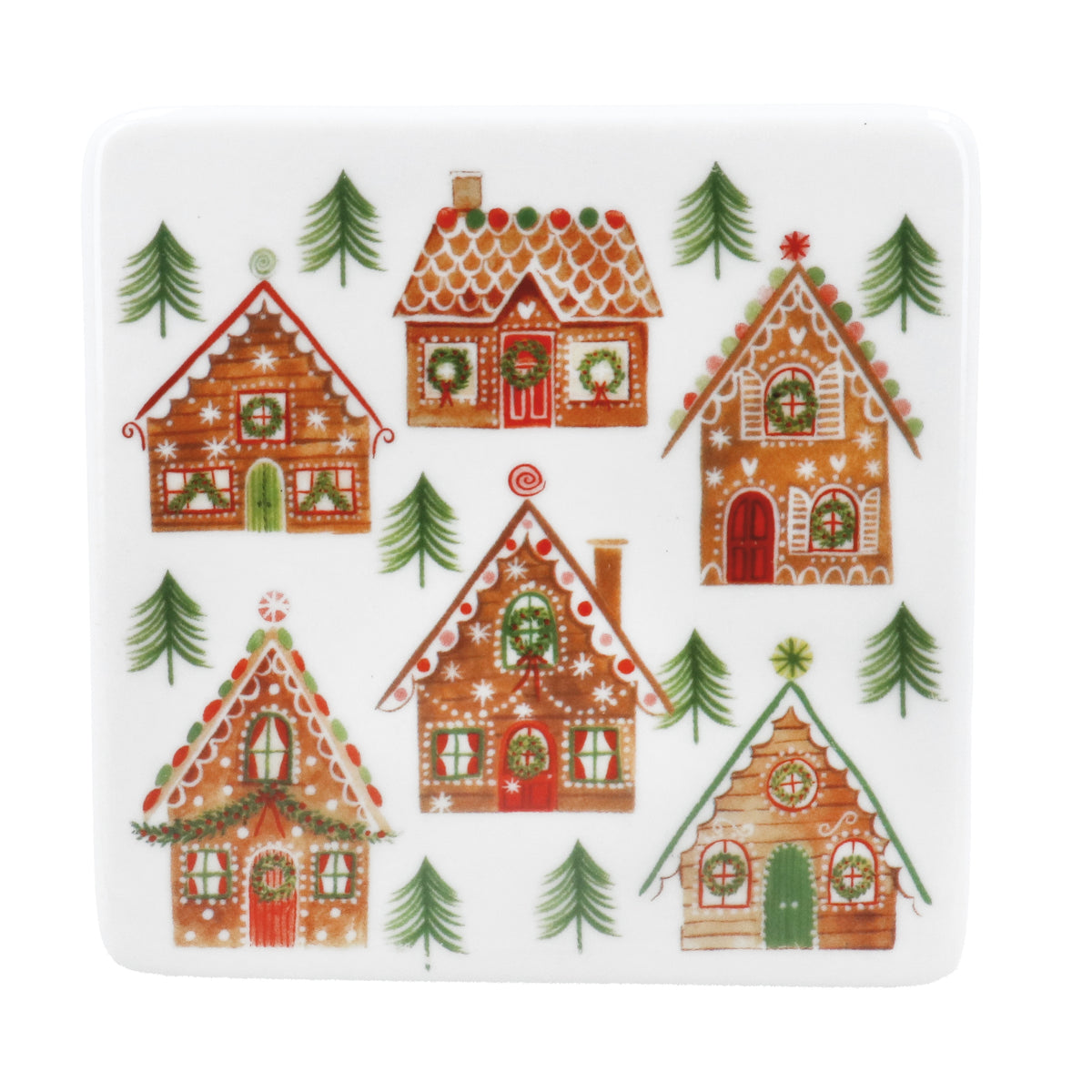 Christmas Coaster: Porcelain Square Gingerbread House   - White - Gisela Graham