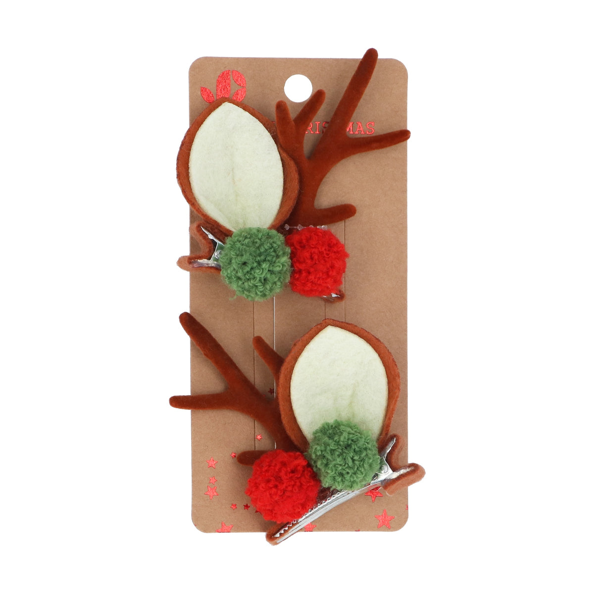 Chistmas Hair Clip: Fabric Reindeer Antler Pom Pom  - Brown - Gisela Graham