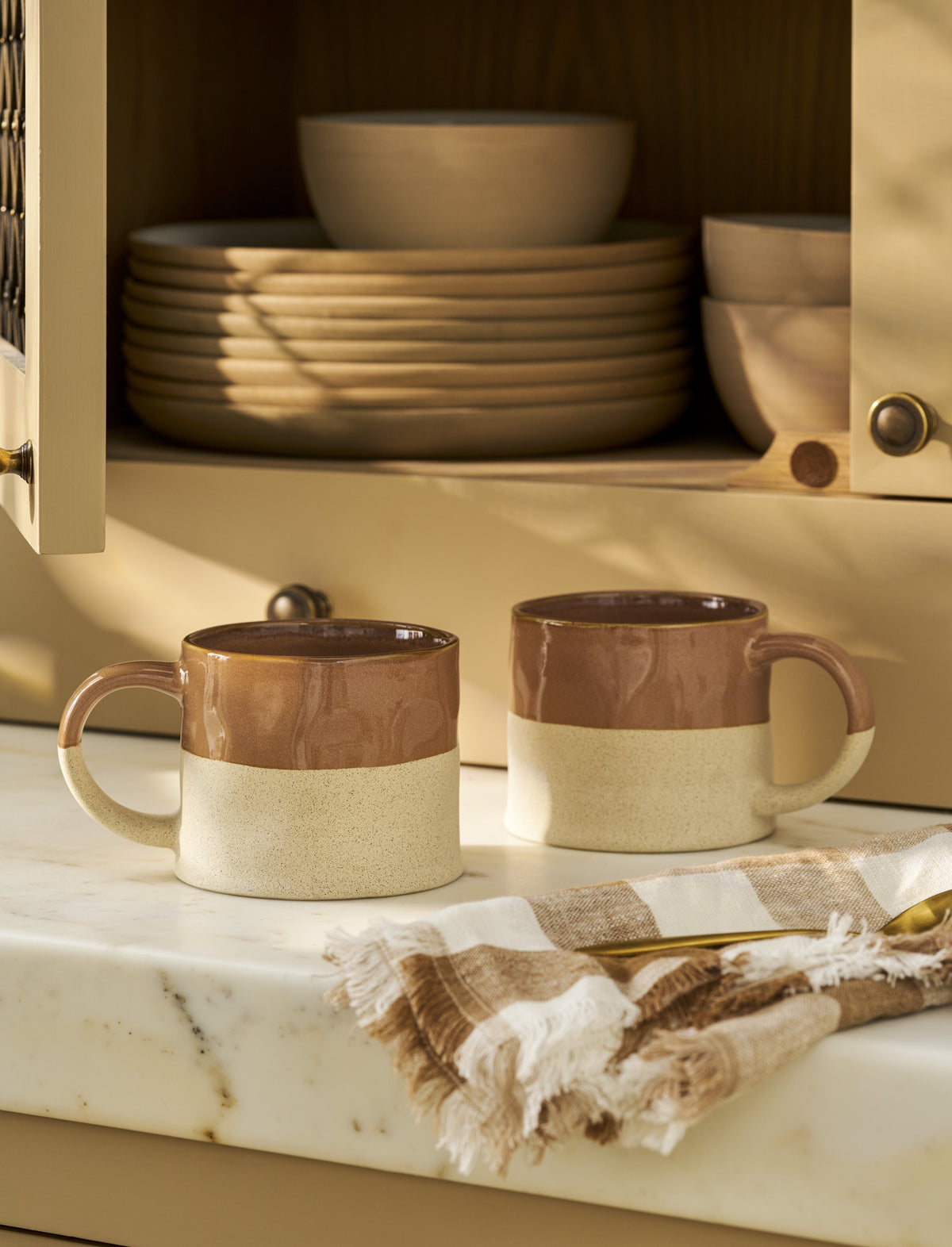 Mug: Stoneware Set Of 2 Half Glazed Large Handle - Terracotta - Garden Trading