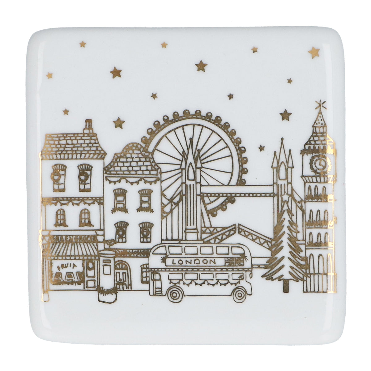 Christmas Coaster: Porcelain Square London Scene  - Gold - Gisela Graham