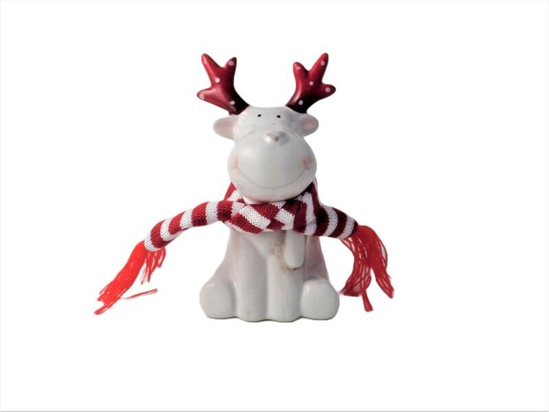 Christmas Ornament : Ceramic Sitting Reindeer Scarf - White & Red - Giftware Trading